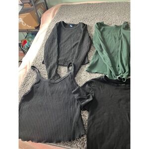 Old Navy Womens Top Bundle Lot of 5 Waffle Knit Ribbed Tank T-Shirt Black Green